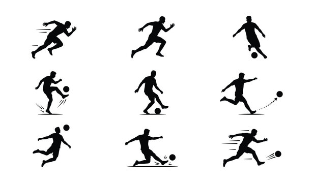 Minimalist football silhouettes with clean lines illustrating athletic stances and kicks