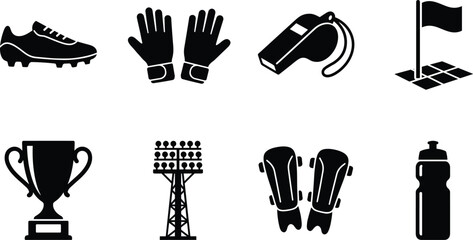 Collection of soccer equipment and sport icons including cleats, gloves, whistle, trophy, shin guards, stadium floodlight, and water bottle silhouettes © MstRezoara