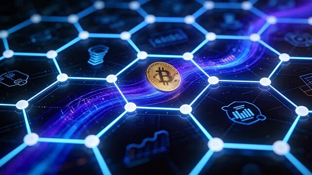 Bitcoin cryptocurrency moving through a digital network of blue glowing nodes and lines