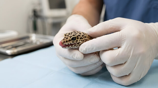 Exotic pet veterinarian holding leopard gecko for reptile health examination at clinic