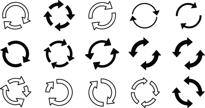 Set of black and white circular reload and refresh arrows icons