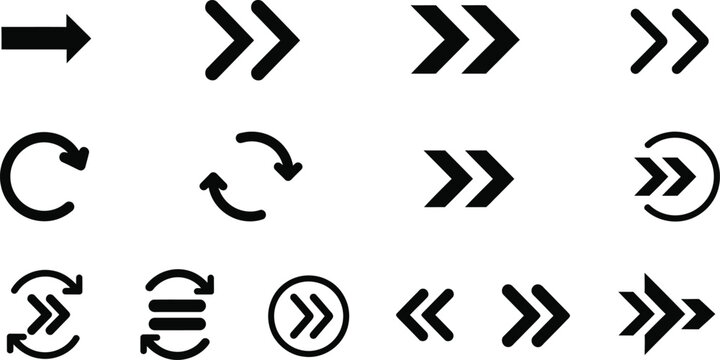 Set of black arrow icons showing direction and movement for digital interface and web navigation