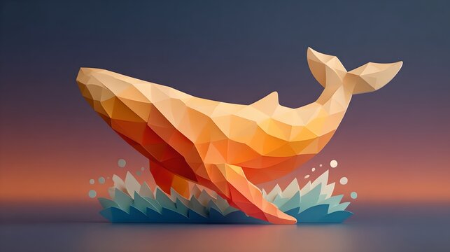 A striking polygonal whale breaching in stylized ocean waves. The whale is a vibrant gradient of orange and yellow, set against a soft gradient sunset sky