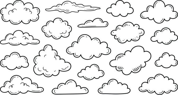 Vector illustration of various black outline cloud shapes and types