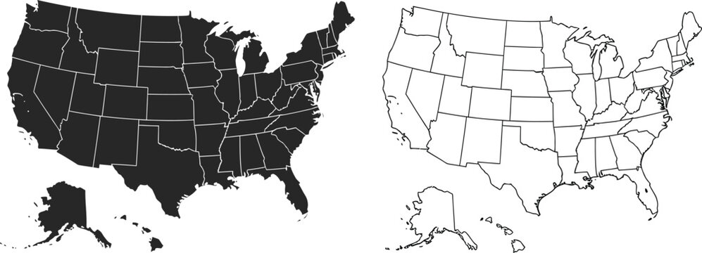 United states map with state borders in black silhouette and white line art outline design style