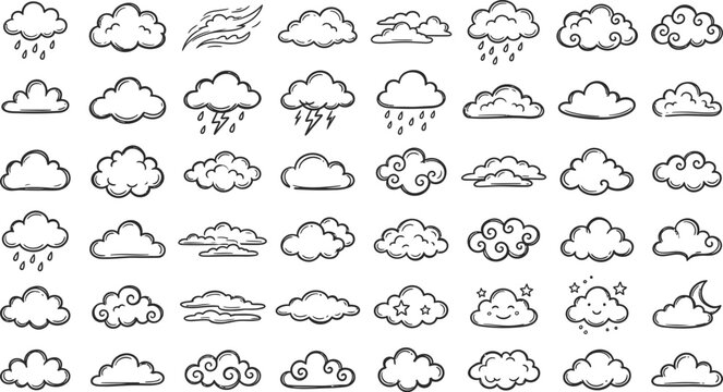 Vector illustration of seamless black and white weather icons pattern various clouds