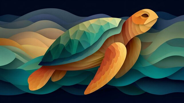 An artistic rendering of a turtle swimming through stylized waves. The turtle has a colorful shell with geometric patterns in shades of green, blue, and orange, and its body is a warm orange hue.
