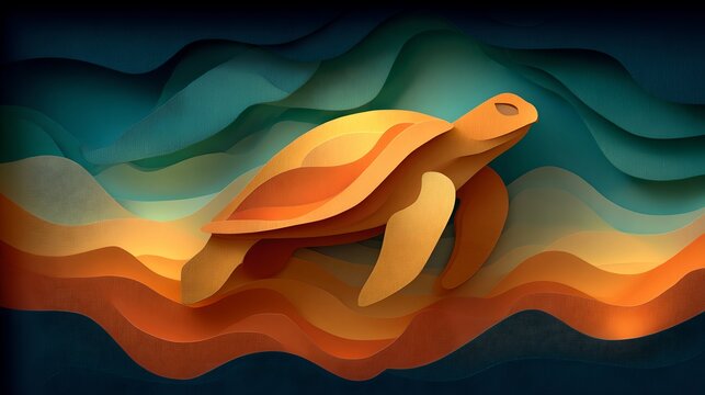 An artistic illustration of a turtle swimming through wavy water, created with layered paper effect in warm orange and cool blue tones. The style is reminiscent of paper-cut art.