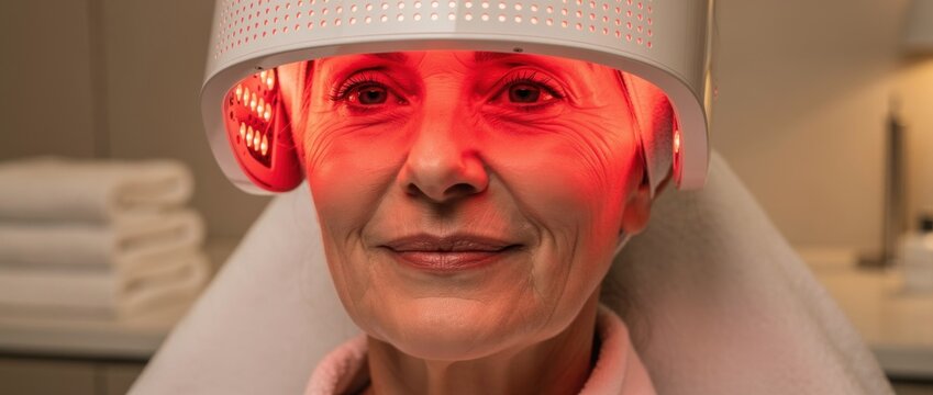 Woman Undergoing Red Light Therapy Treatment for Skin Rejuvenation and Wellness in Spa Environment