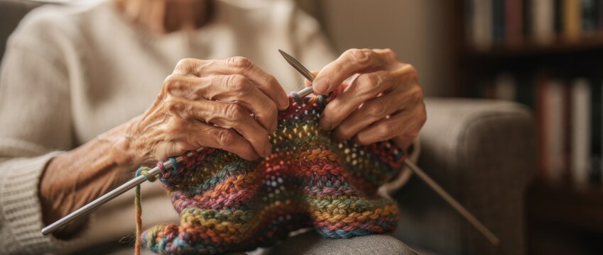 Elderly hands engaged in colorful knitting project with wooden needles, showcasing craftsmanship and focus in a cozy indoor setting