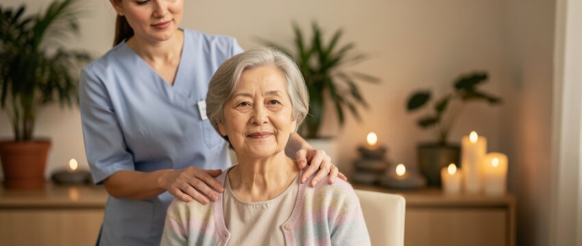 Compassionate caregiver providing support to elderly woman in tranquil indoor setting, showcasing kindness and warmth in senior care environment
