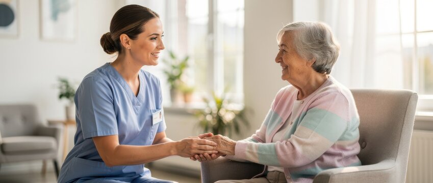 Caring nurse provides compassionate support to elderly woman in bright senior living environment, showcasing empathy and human connection in healthcare