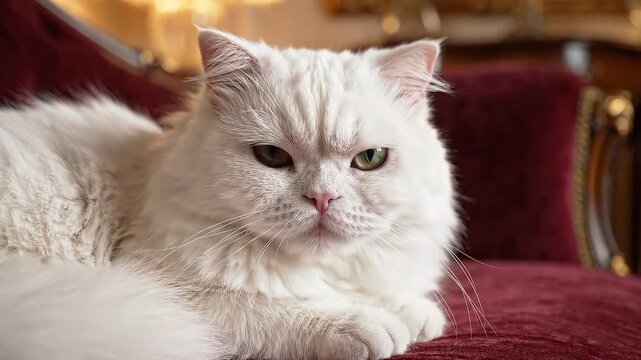 Grumpy white Persian cat sitting on a plush red velvet sofa with soft cinematic indoor lighting