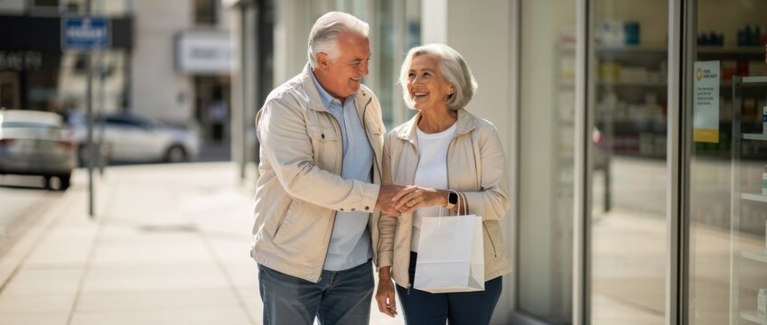 Happy elderly couple enjoying a shopping day while walking together in the city, sharing smiles and warm moments during their leisurely stroll outside stores