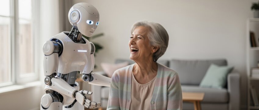 Humanoid Robot Interacting with Senior Woman in Bright Living Room Filled with Natural Light, Creating a Warm and Caring Environment for Connection