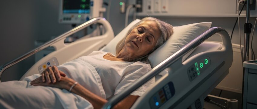 Elderly Woman Resting in Hospital Bed with Calm Expression in a Medical Environment, Patient Care in Healthcare Facility, Soft Lighting and Medical Equipment