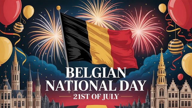 Belgian national day celebration with fireworks and flag