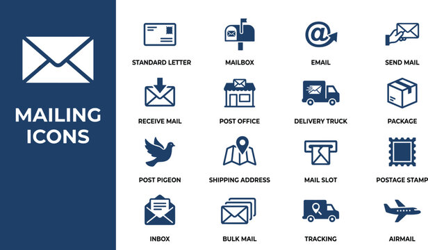 Mailing service icon set with post office symbols delivery truck graphics envelope signs and shipping elements