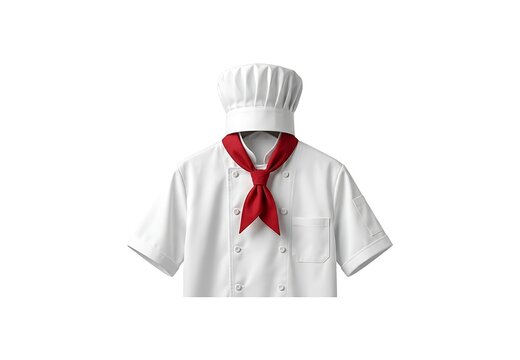 Professional white chef uniform with tall hat and red neckerchief