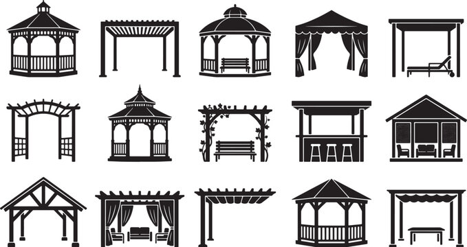 Set of garden gazebo and pergola silhouettes for outdoor landscape design and backyard architecture vector icons collection