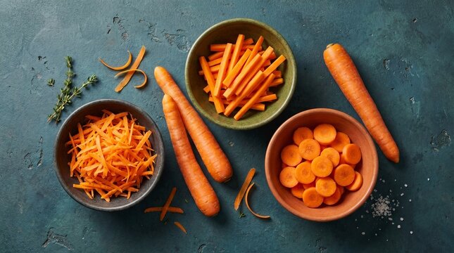 Various preparations of fresh orange carrots including whole, peeled, julienned sticks, and round slices, displayed in bowls on a dark background.