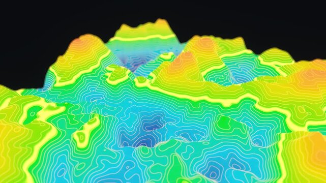 Vibrant rainbow topographic heatmap with multicolored contour lines waves across sharp peaks in a seamless 3D animation loop for artistic data visual backgrounds