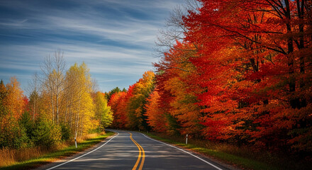 Naklejka premium A winding road curves through a forest ablaze with autumn colors, showcasing vibrant red, orange, and yellow foliage under a blue, cloudy sky, symbolizing a journey through nature's beauty