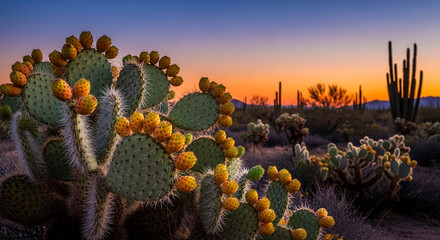 Fototapeta premium Prickly pear cactus with ripe fruit, set against a gradient sunset sky and silhouetted desert flora, symbolizing resilience and natural beauty