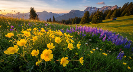 Obraz premium Mountain meadow with vibrant yellow and purple wildflowers at sunset, showcasing natural beauty and tranquility, perfect for nature or travel themes