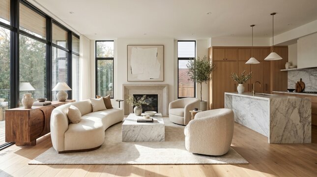 Modern living room with kitchen and fireplace in a bright and airy home interior