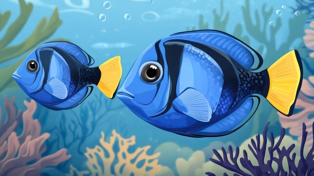 Blue tang (Paracanthurus hepatus) fish swimming underwater in an aquarium. fish. Illustrations