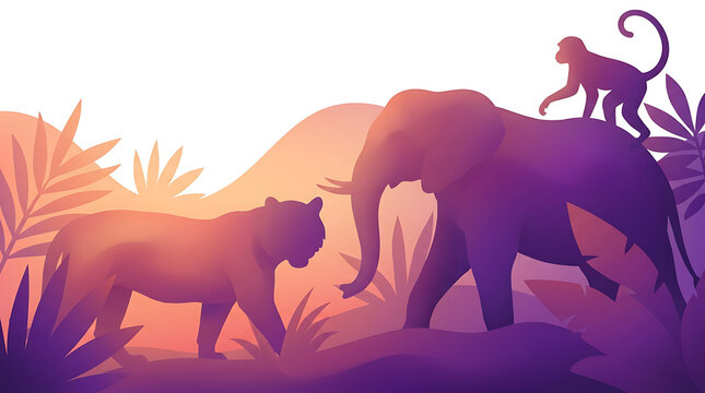 African wildlife silhouette isometric illustration with purple orange hues