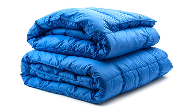 Folded Blue Down Comforter and Quilt Stack for Winter Bedding and Home Comfort.
