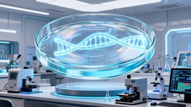 Glowing DNA double helix inside transparent dish in modern laboratory