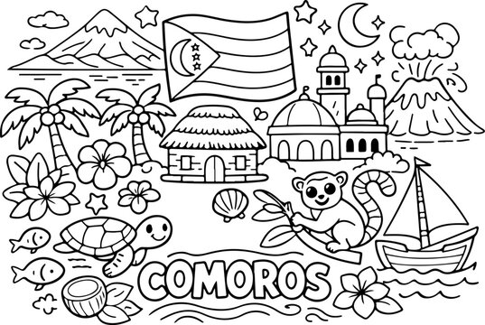 comoros cartoon outline hand drawn Line Art illustration doodle art coloring page for kids