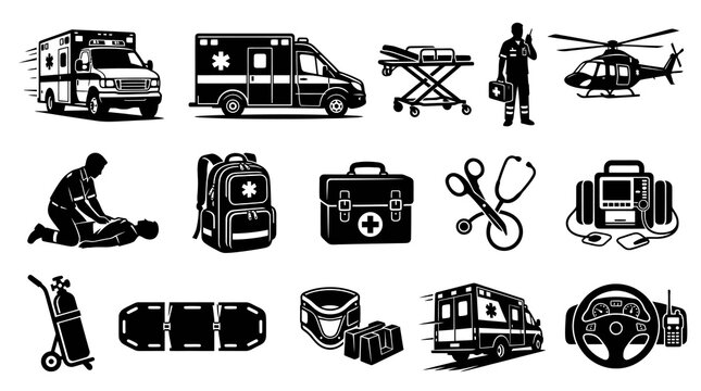 Emergency Medical Services Black and White Glyph Icons Set. Paramedic, First Aid, and Rescue Equipment Vector Collection.
