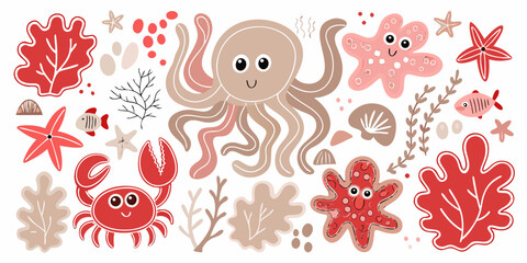 Marine Life Vector Illustration With Coral Crab And Octopus © Bipul