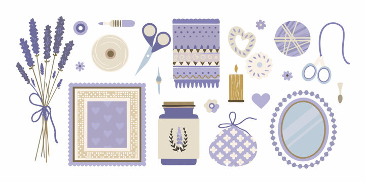 Lavender themed collection of sewing and crafting items vector illustration