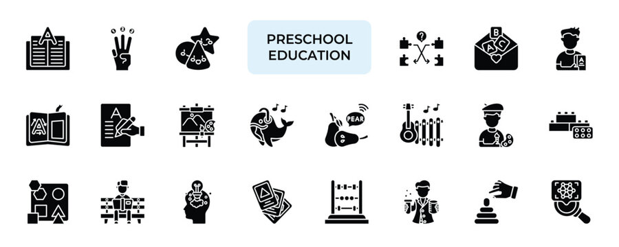 Preschool Education Icon set Collection in Solid Glyph Style. play, toddlers, children, activity, nursery, social, routine