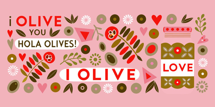 Olive branch and fruit pattern with text on a pink background
