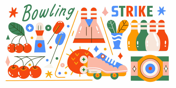 Bowling themed vector illustration with pins ball and roller skate