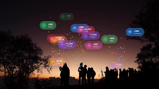 Silhouette of people on a hill at sunset with glowing social media icons like followers, views, likes, and comments floating in the sky, representing digital marketing, viral content