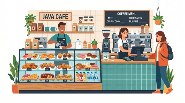 A woman orders coffee and pastries from a barista at a busy Java Cafe counter.
