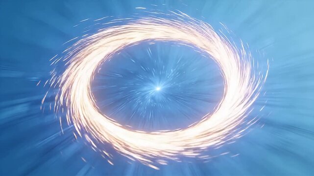 Golden ring structure surrounding central blue light source with radial lines on gradient background
