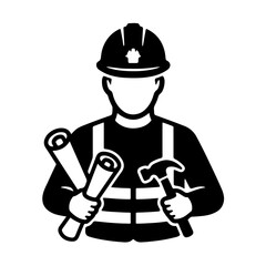 Obraz premium Professional construction worker wearing a hard hat while holding blueprints and a metal hammer in this clean black and white minimalist vector graphic design icon illustration