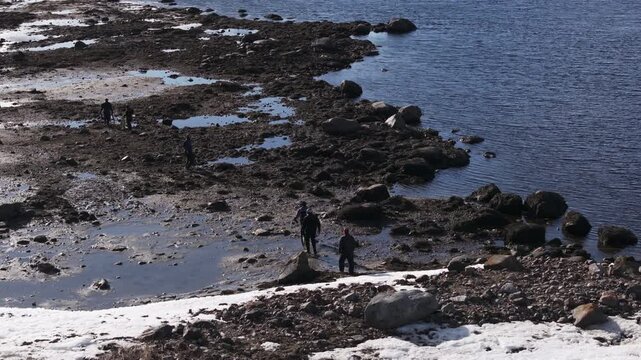 People traverse a rocky intertidal shoreline with shallow tidal pools and seaweed beside cold coastal waters and lingering snow patches, exploring the exposed seabed at low tide