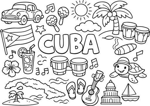 cuba cartoon outline hand drawn Line Art illustration doodle art coloring page for kids