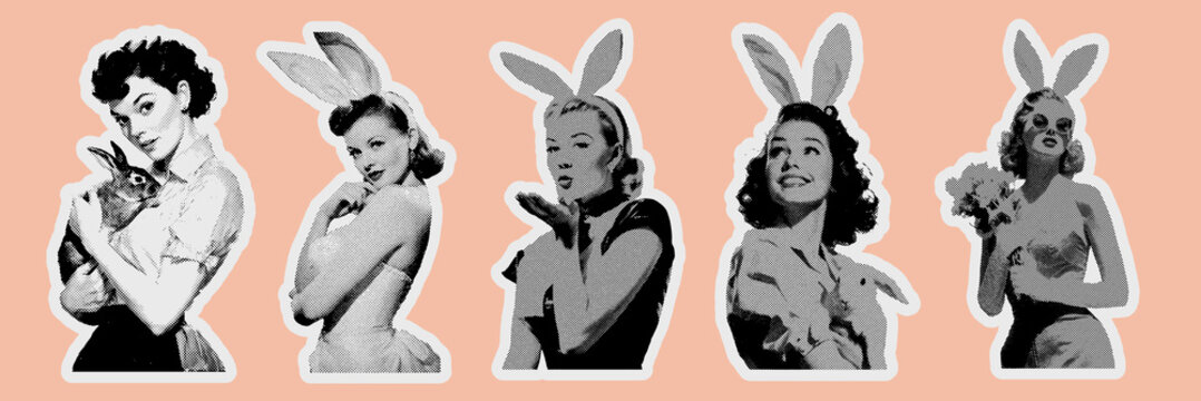 Collection of vintage retro halftone illustrations featuring mid-century pinup women wearing bunny ears