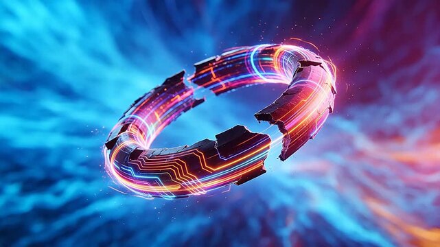 Broken circular structure with colorful neon lines and glowing particles on gradient background