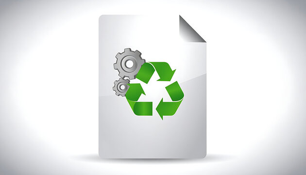Green recycle symbol with industrial gears on a white document page icon.